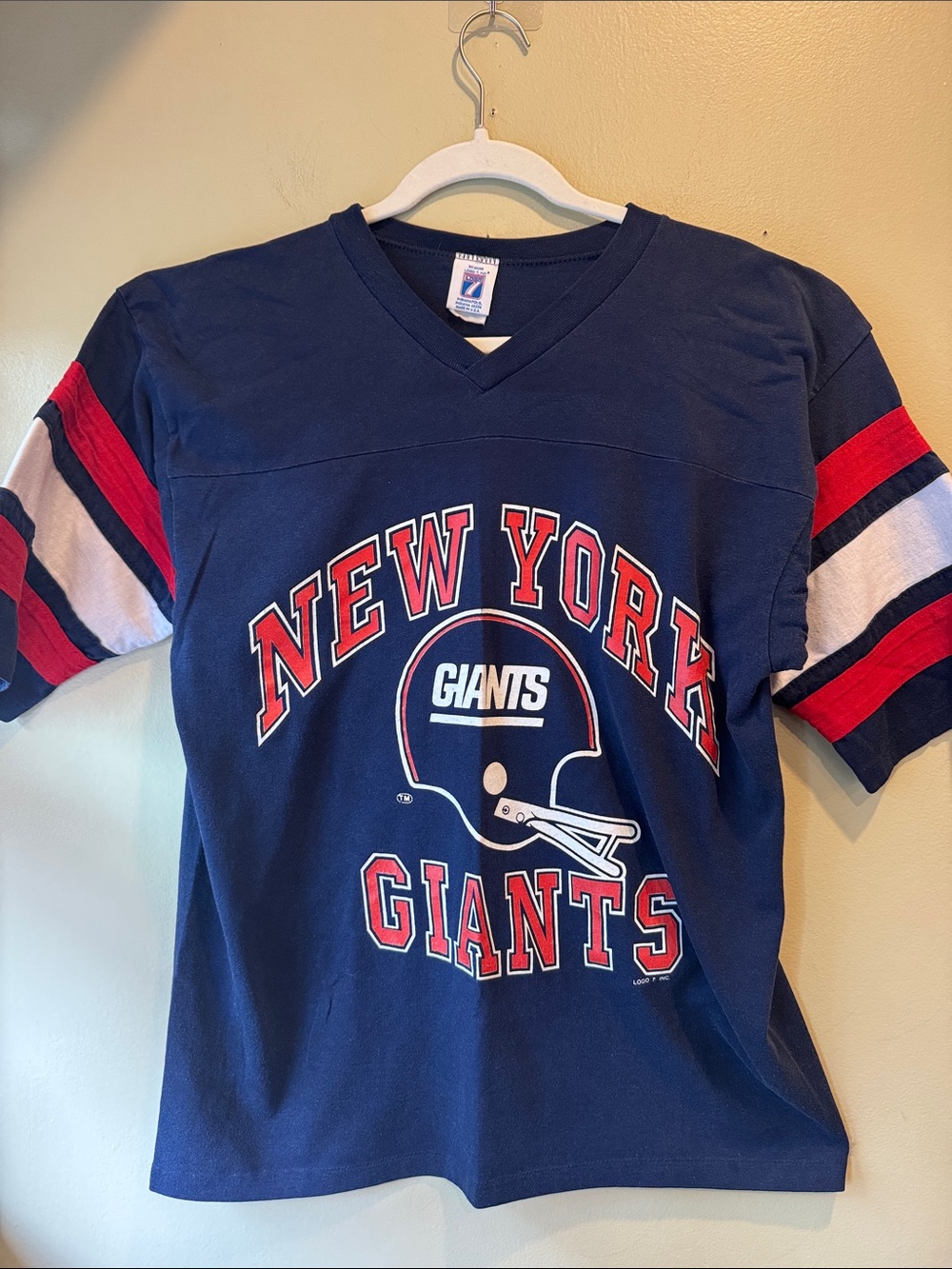 Vintage Navy Blue New York Giants Short Sleeve Tee with Red & White Accents